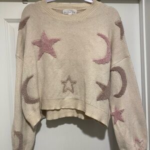 Neutral Star & Moon Crewneck Sweater with Pink Accents in Women’s Large